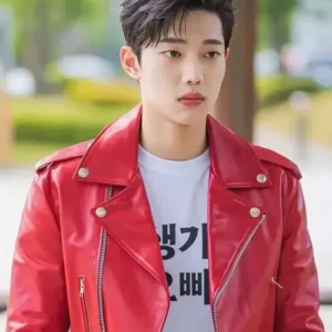 Cho Jun-young Spirit Fingers Red Leather Jacket