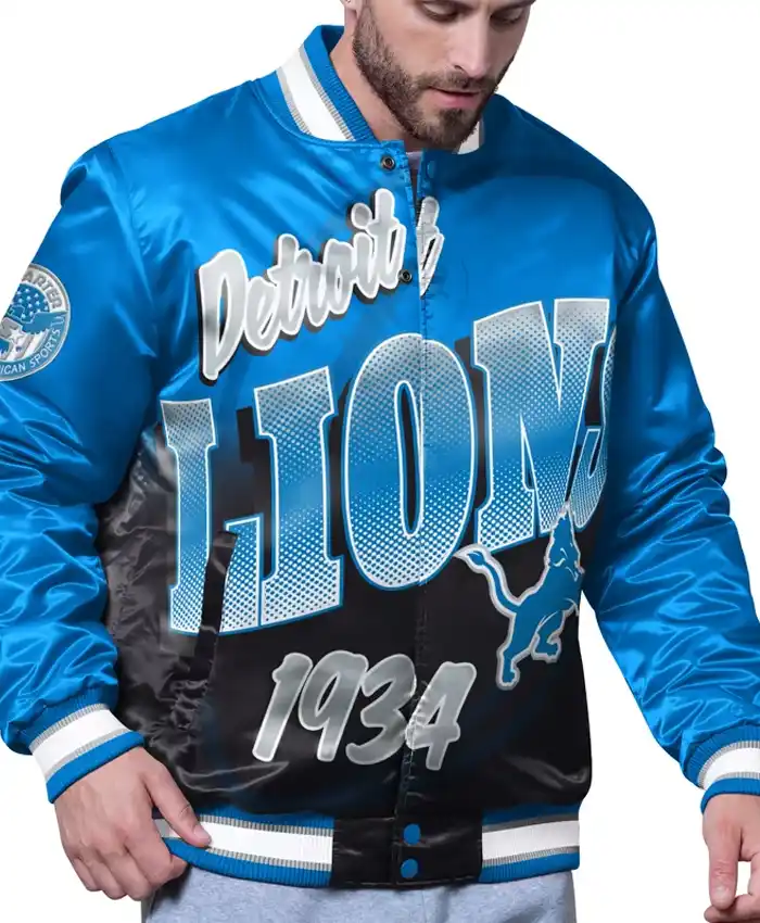 Detroit Lions Starter Blue Pass Rush Varsity Jacket