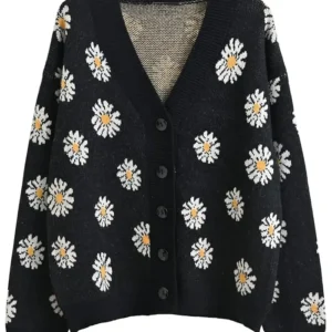 Floral Black Knit Cardigan Sweater