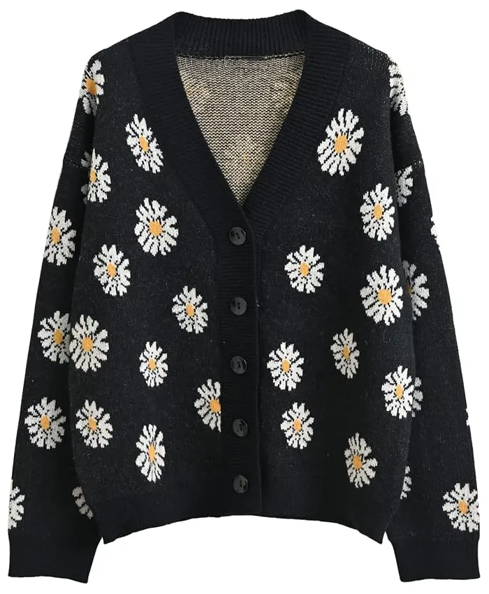 Floral Black Knit Cardigan Sweater