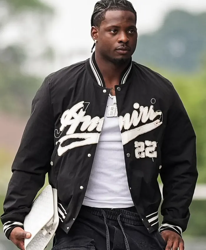 Get Bijan Robinson Amiri Distressed-Logo Shrunken Bomber Jacket