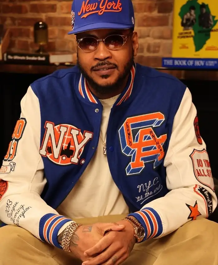 Get Carmelo Anthony New York Blue Varsity Jacket