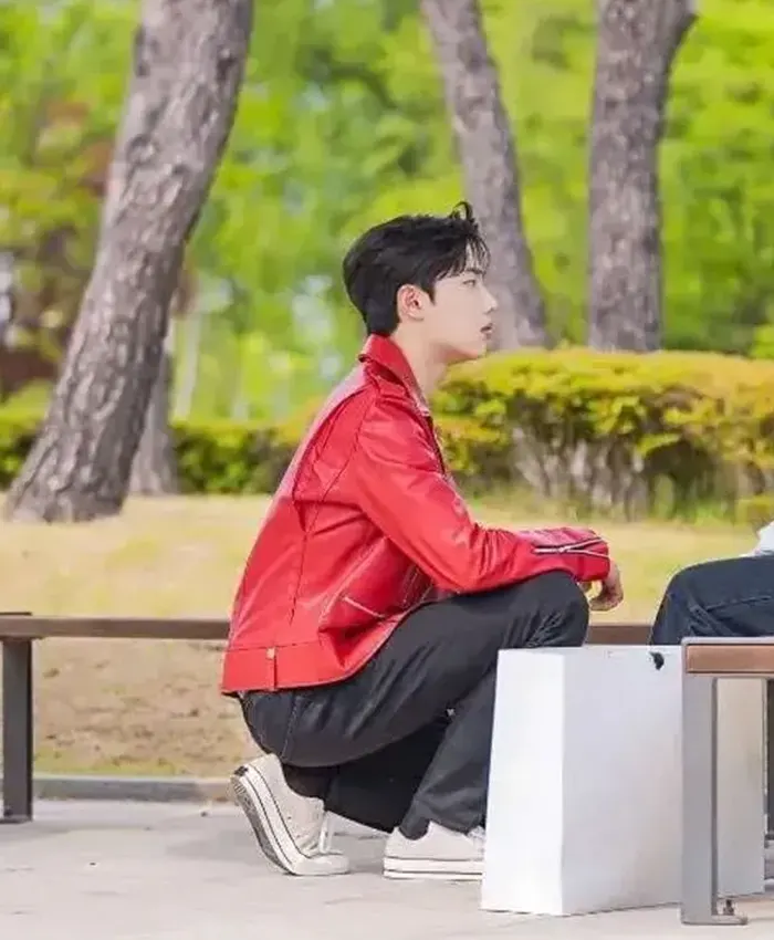 Get Cho Jun-young Spirit Fingers Red Leather Jacket