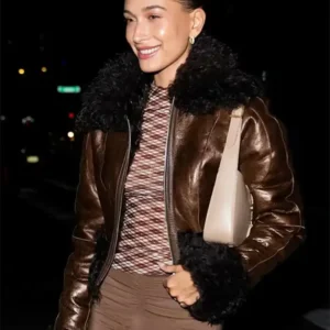 Get Hailey Bieber Brown Fur Leather Jacket