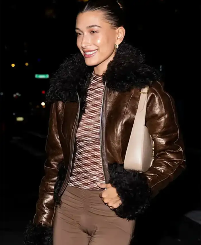 Get Hailey Bieber Brown Fur Leather Jacket