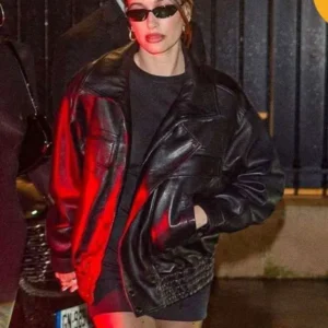 Get Hailey Bieber PFW 2025 Black Leather Jacket