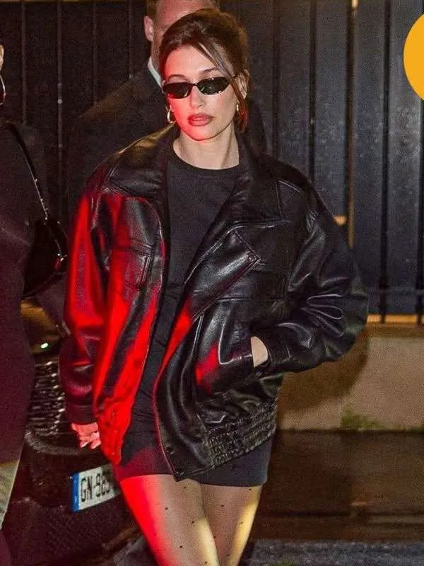 Get Hailey Bieber PFW 2025 Black Leather Jacket