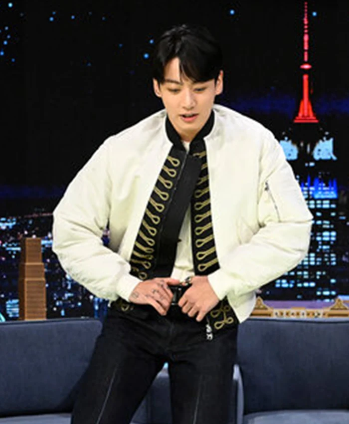 Get Jungkook The Tonight Show White Bomber Jacket