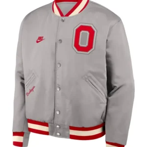 Get Nike Legacy Ohio State Buckeyes Full Snap Gray Bomber Jacket