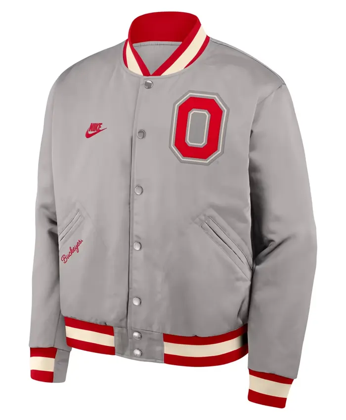 Get Nike Legacy Ohio State Buckeyes Full Snap Gray Bomber Jacket