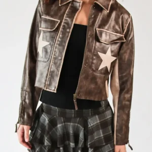 Get Stoosh Double Star Brown Leather Moto Jacket