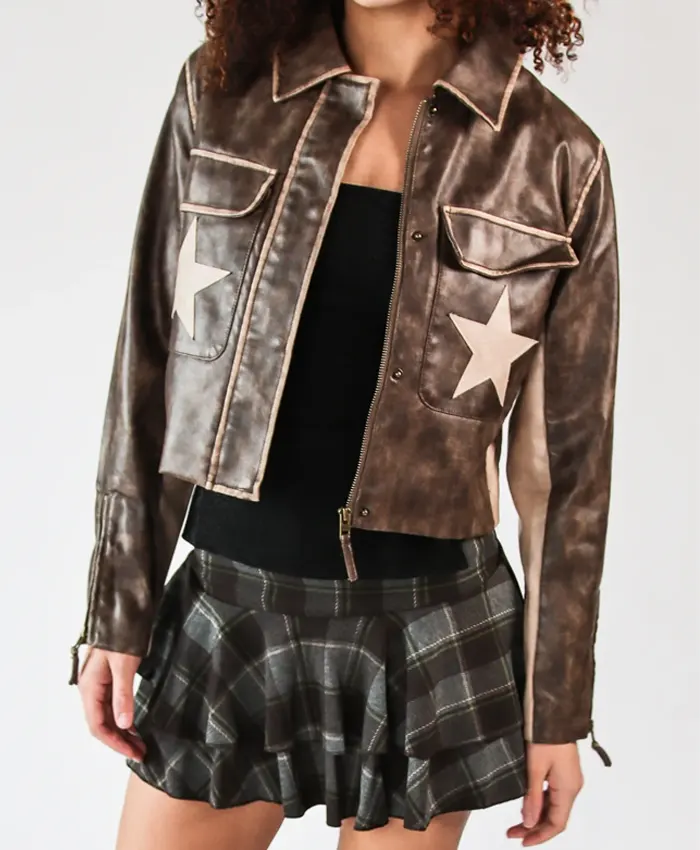Get Stoosh Double Star Brown Leather Moto Jacket