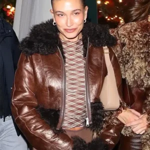Hailey Bieber Brown Fur Leather Jacket