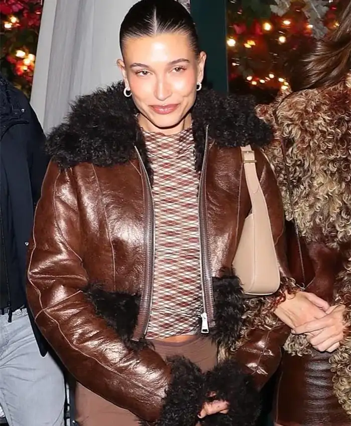 Hailey Bieber Brown Fur Leather Jacket