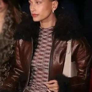 Hailey Bieber Brown PU Leather Jacket