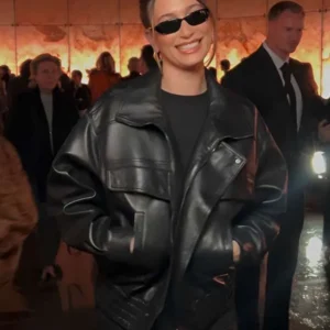 Hailey Bieber PFW 2025 Black Leather Jacket