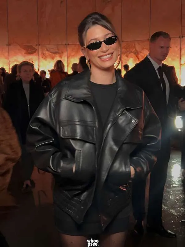 Hailey Bieber PFW 2025 Black Leather Jacket