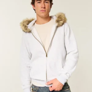 Hollister Fur Zip-Up White Hoodie