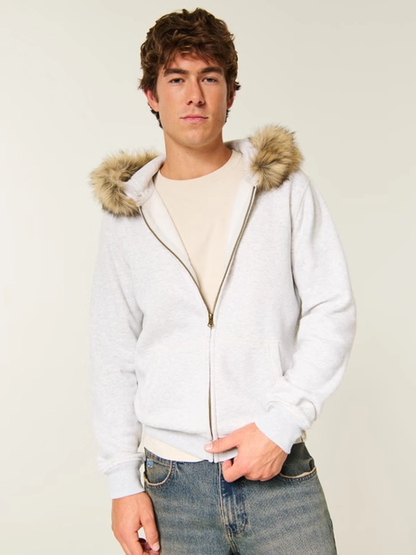 Hollister Fur Zip-Up White Hoodie