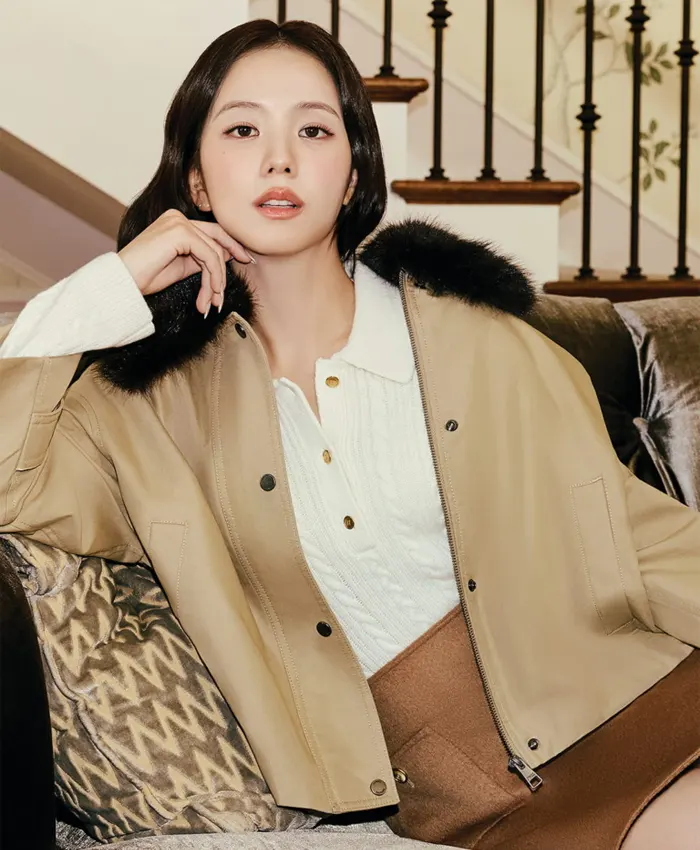 Jisoo Tommy Hilfiger Beige Cotton Fur Jacket - Image 4