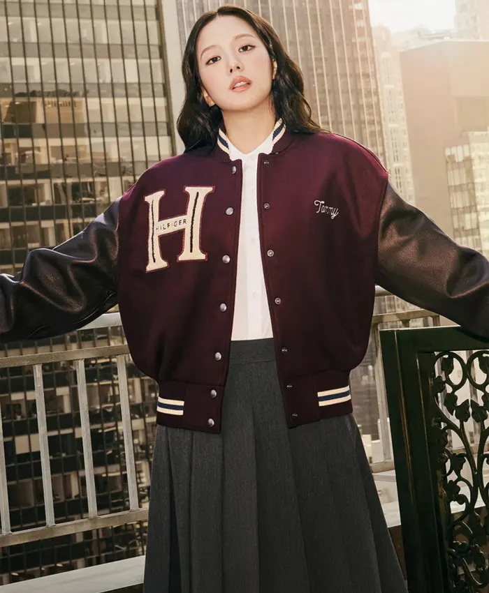 Jisoo Tommy Hilfiger Wool Blend Leather Varsity Jacket