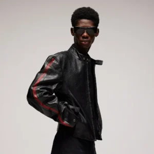 Leather Biker Web Detail Jacket for Mens