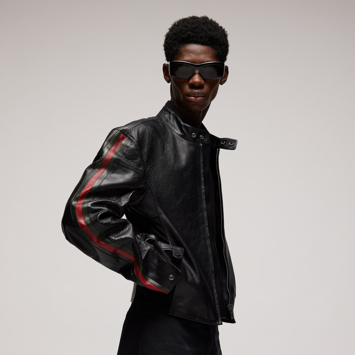 Leather Biker Web Detail Jacket for Mens