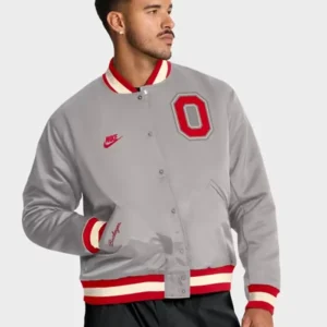 Nike Legacy Ohio State Buckeyes Full Snap Gray Bomber Jacket