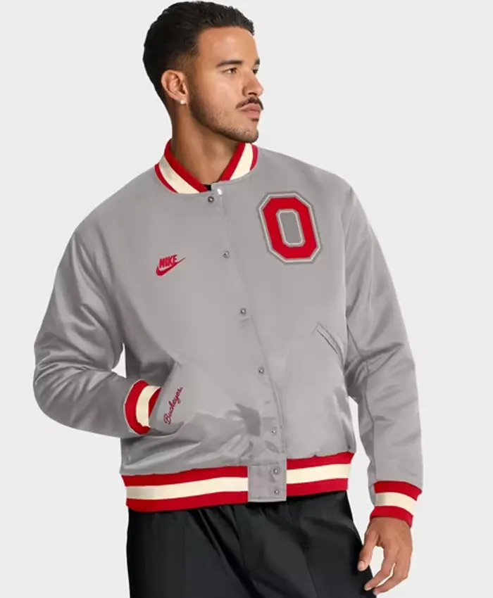 Nike Legacy Ohio State Buckeyes Full Snap Gray Bomber Jacket