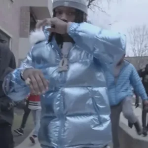 Rapper-King-Von-Blue-Fur-Hooded-Shiny-Puffer-Jacket