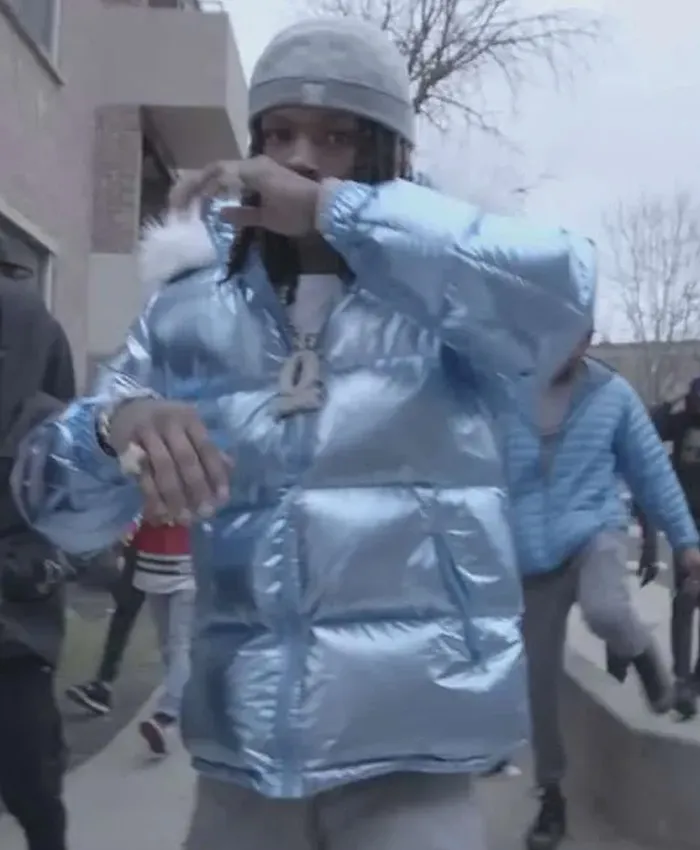 Rapper-King-Von-Blue-Fur-Hooded-Shiny-Puffer-Jacket
