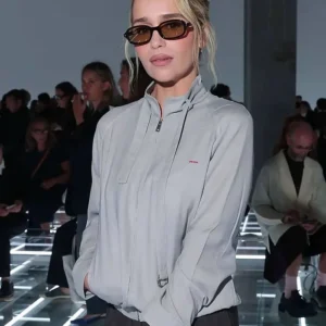 Shop Emilia Clarke Prada SS27 Milan Show Grey Jacket