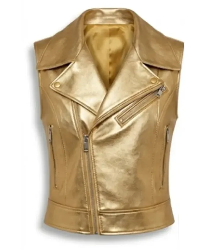 Shop Hailey Bieber Metallic Gold Leather Vest