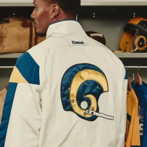 Shop LA Rams x Elwood Off-White Retro Helmet Windbreaker Jacket