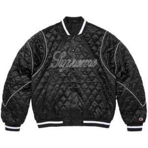 Supreme x Champion Quilted Black Satin Varsity Jacket