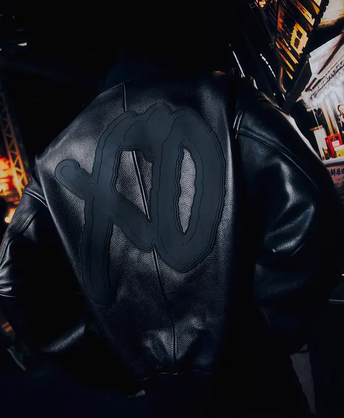 The Weeknd XO logo Black Leather Varsity Jacket