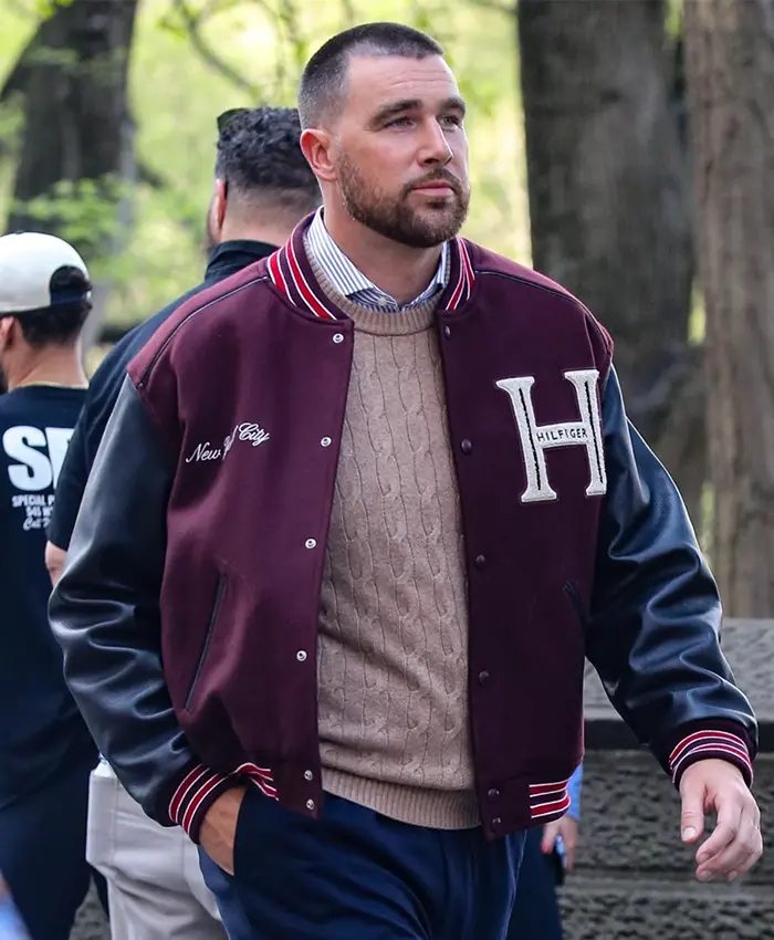 Travis Kelce Tommy Hilfiger Mixed-Media Varsity Jacket Shop Now