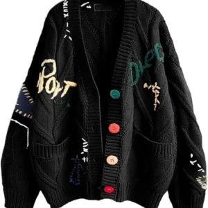 Women’s Cable Knit Long Sleeve Black Cardigan Sweater