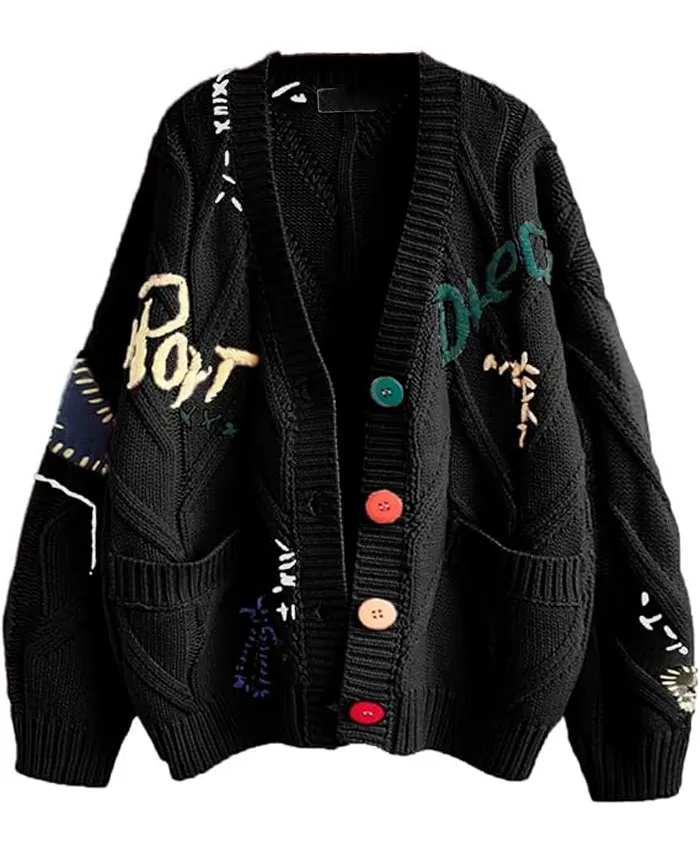 Women’s Cable Knit Long Sleeve Black Cardigan Sweater