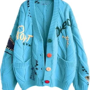Women’s Cable Knit Long Sleeve Blue Cardigan Sweater