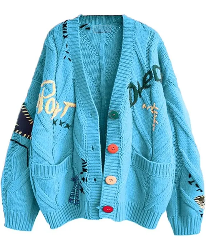 Women’s Cable Knit Long Sleeve Blue Cardigan Sweater