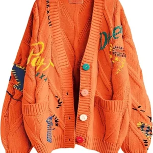Women’s Cable Knit Long Sleeve Orange Cardigan Sweater