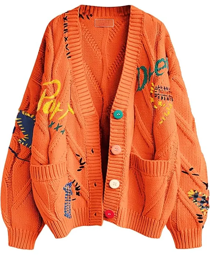 Women’s Cable Knit Long Sleeve Orange Cardigan Sweater
