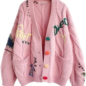 Women’s Cable Knit Long Sleeve Pink Cardigan Sweater