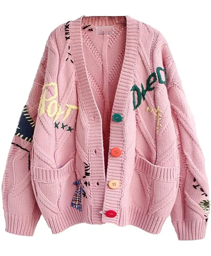 Women’s Cable Knit Long Sleeve Pink Cardigan Sweater
