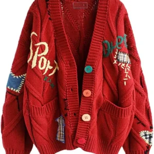 Women’s Cable Knit Long Sleeve Red Cardigan Sweater