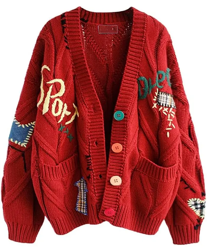 Women’s Cable Knit Long Sleeve Red Cardigan Sweater