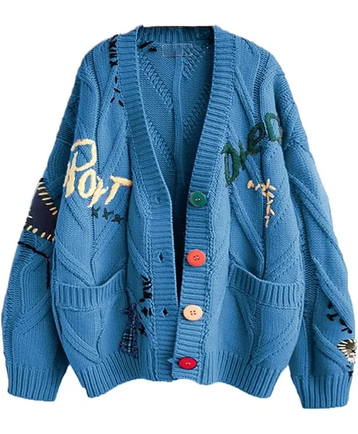 Women’s Cable Knit Long Sleeve Royal Blue Cardigan Sweater