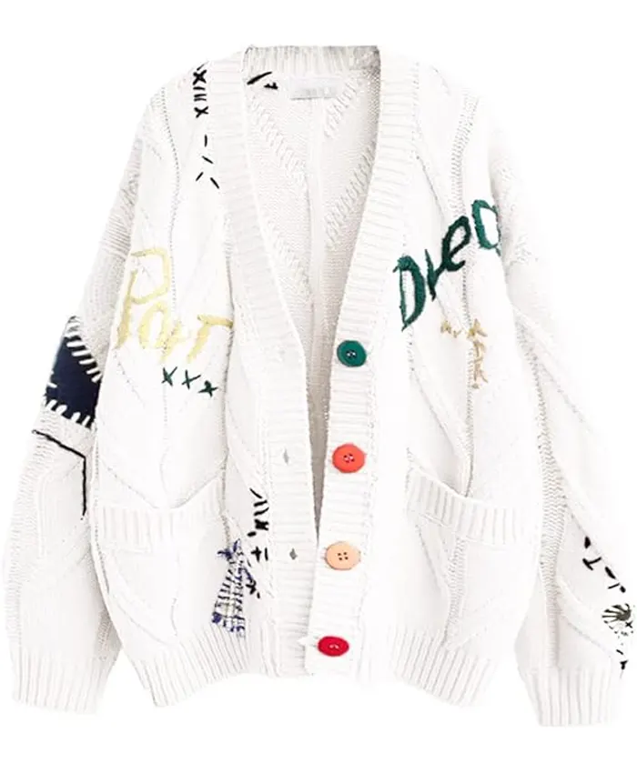 Women’s Cable Knit Long Sleeve White Cardigan Sweater