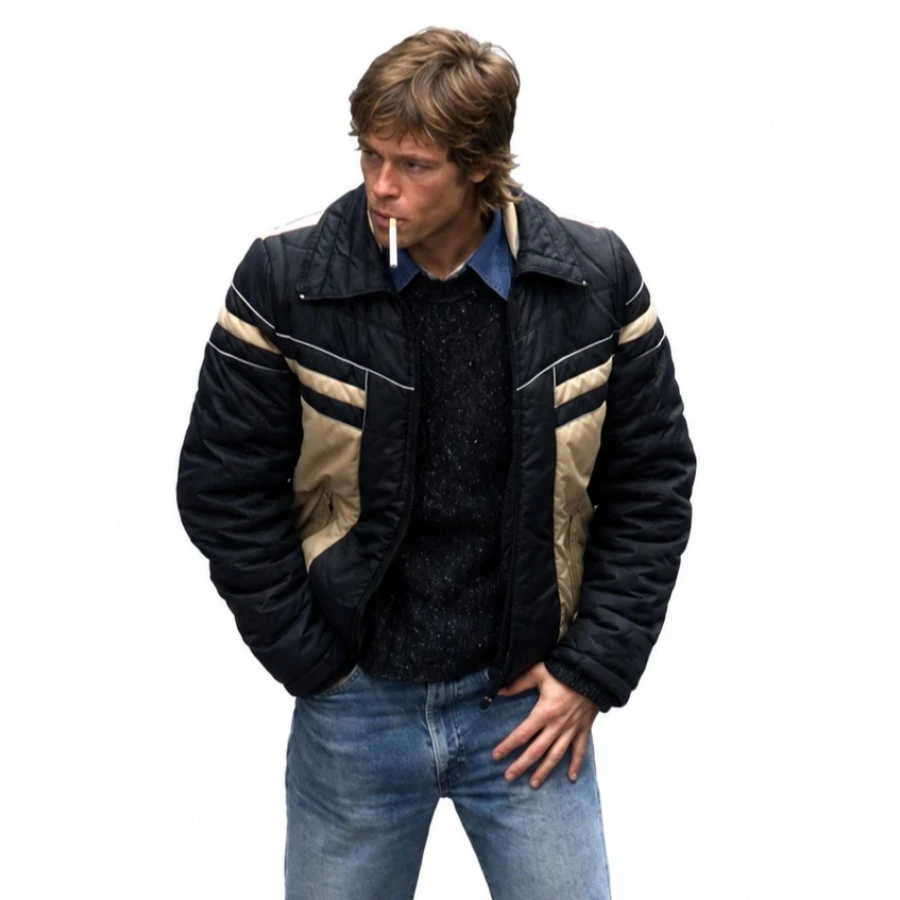 buy Brad Pitt Black and Cream Puffer Jacket